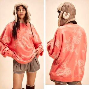 Free People Claasic Print Oversized Crewneck Coral Combo